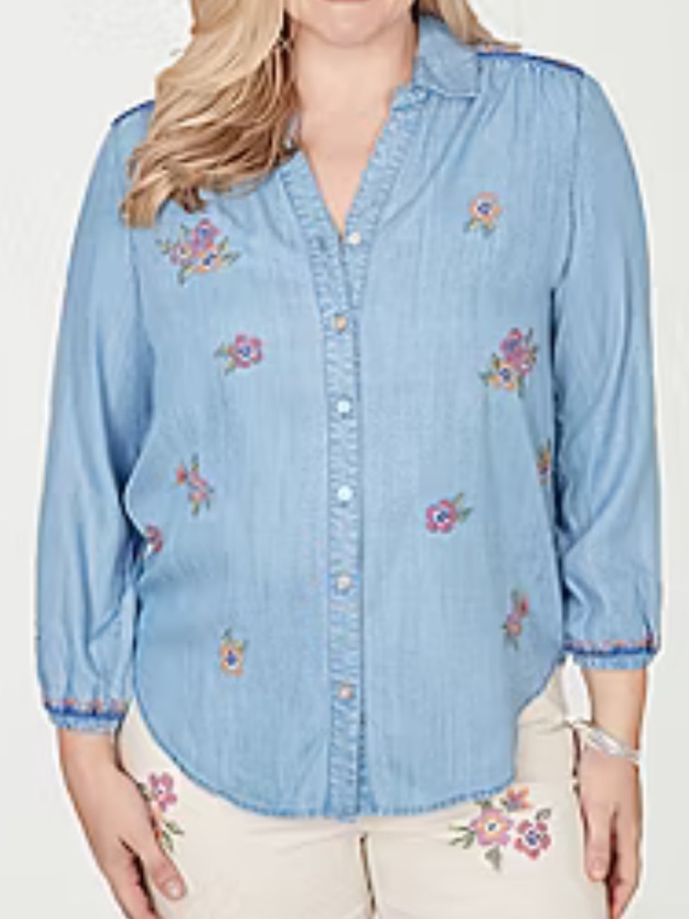 Alfred Dunner Beachcomber 3/4 Sleeve Light Blue Embroidered Blouse XLP